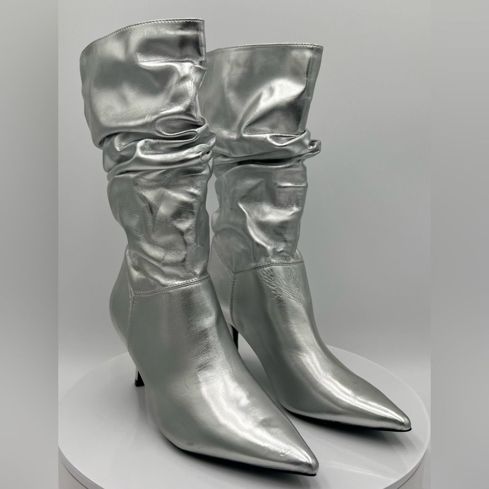 MARC FISHER Women's Manya 2 Pointed Toe Mid-Calf Boots Silver Size 7.5 NWOT